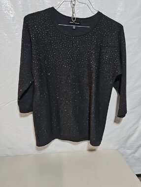 Cable & Gauge Black Long Sleeve Knit Top with Rhinestone Detail